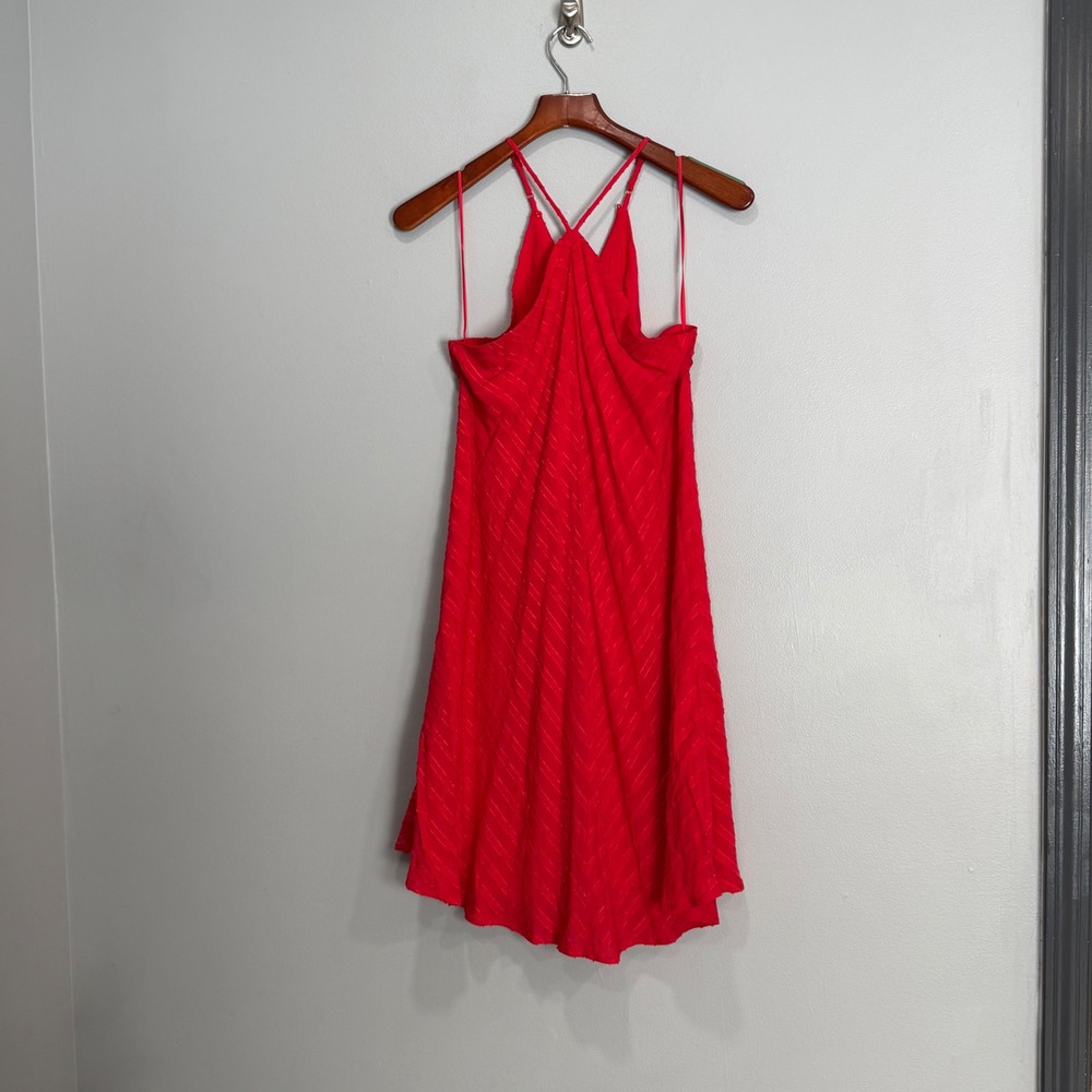 Skies Are Blue Red Halter Mini Dress Textured‎ Stripe Cross Back 98244 Small